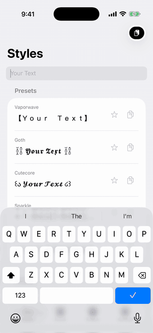 Typelace in action: typing Ava Monroe updates every style live, then Gothic gets a moon wrap and is copied.